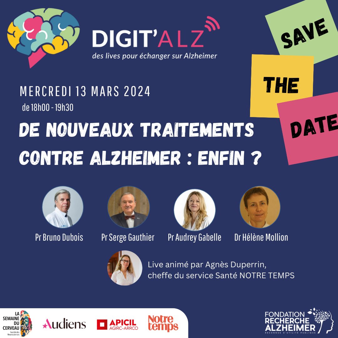 📢 🧠 STD 13 mars à 18h un live pour tout savoir sur les nouveaux #traitements contre #Alzheimer dans le cadre de la <a href="/Semaine_Cerveau/">Semaine du Cerveau</a>
Animé par <a href="/Agnes_Duperrin/">Agnès Duperrin</a> <a href="/NotreTemps/">Notre Temps</a> en live sur Facebook et Youtube avec des éminents spécialistes.
#semaineducerveau #digitalz