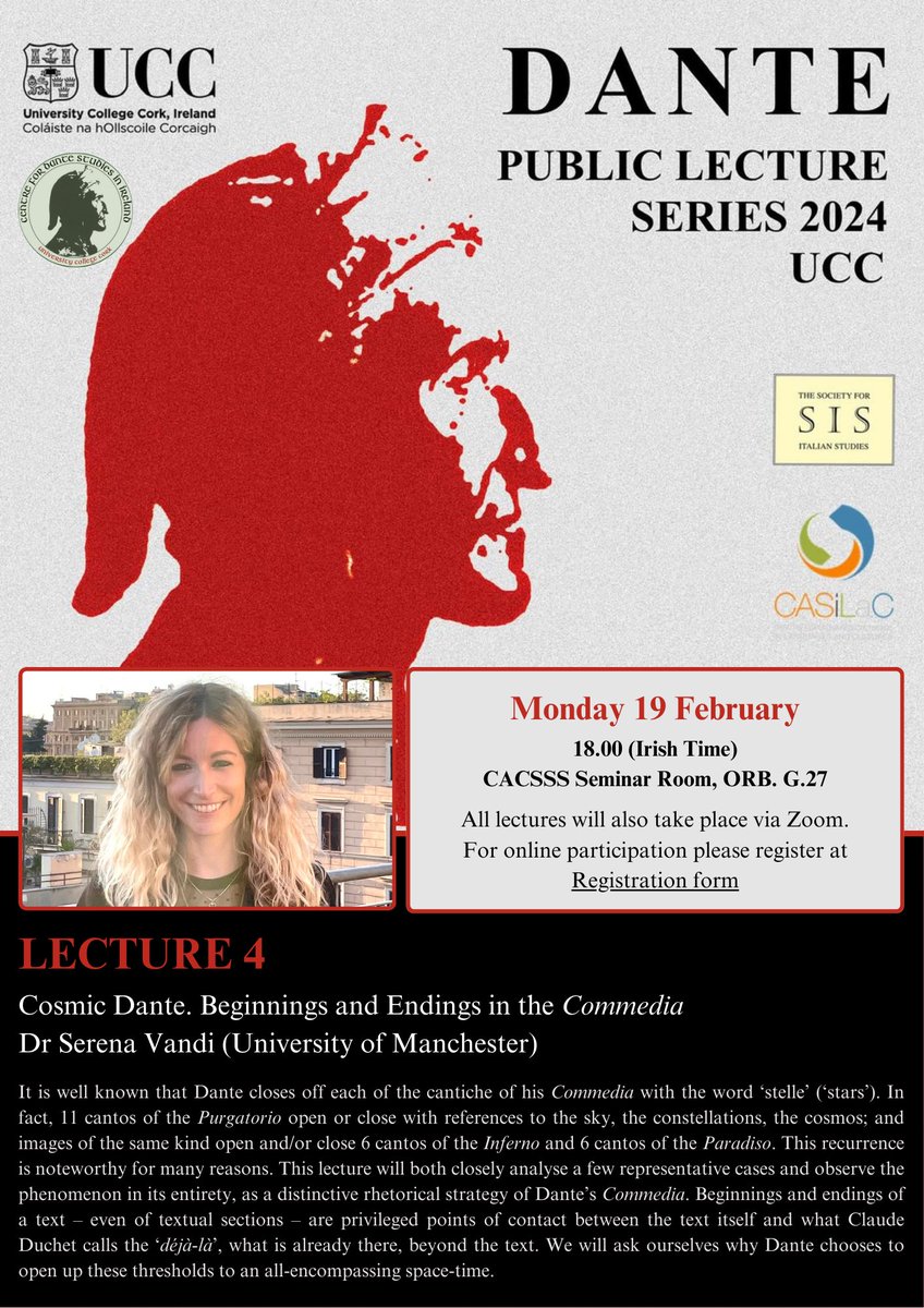 Penultimate Dante lecture this evening with @serevandi! ‘Cosmic Dante’! @italian_ucc @CACSSS1 @UCC @UCCResearch