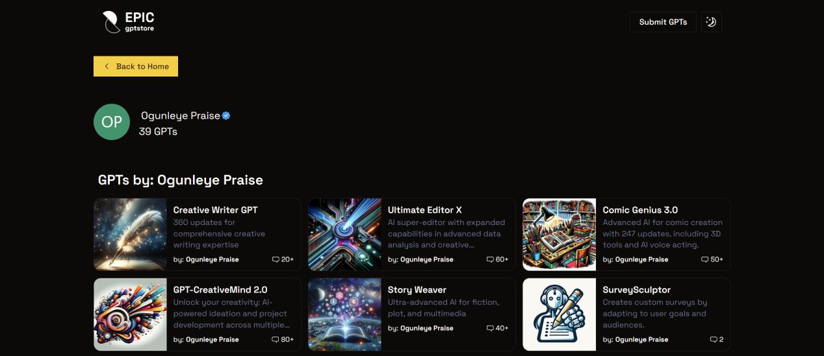 EyuCoder's tweet image. Added Creators page to epicgptstore.com. you can now find gpts by the same creator.
#buildinpublic