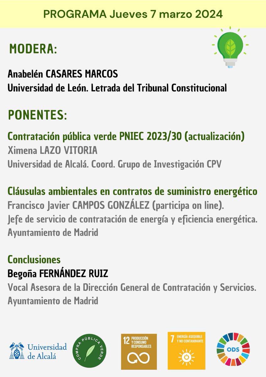 El próximo jueves 07 de marzo celebraremos una nueva edición de ECO-TALKS: focus on sustainable public procurement
<a href="/UAHes/">Universidad Alcalá</a>

En esta ocasión el eje central de la sesión es: Novedades en energías renovables y contratación pública.  

Inscripción: forms.gle/1ixtxesgwhHa71…
🕔 17:00