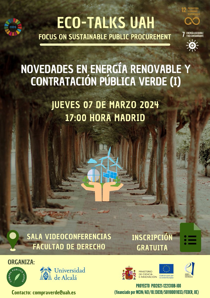 cpvuah's tweet photo. El próximo jueves 07 de marzo celebraremos una nueva edición de ECO-TALKS: focus on sustainable public procurement
@UAHes

En esta ocasión el eje central de la sesión es: Novedades en energías renovables y contratación pública.  

Inscripción: https://t.co/xxRGqFgrOp
🕔 17:00 https://t.co/Uv6AwBDS8P