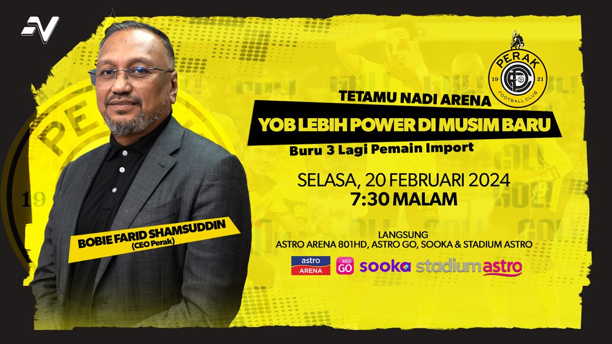 Perak nak umum lagi 3 player import?! 

Esok CEO Perak, Bobie Farid Shamsuddin sendiri akan turun ke studio kami untuk 'EXPOSE' pelan Perak musim ini. Saksikan secara langsung di Nadi Arena, 7.30 malam 🔥🔥🔥

#NadiArena #AstroArena