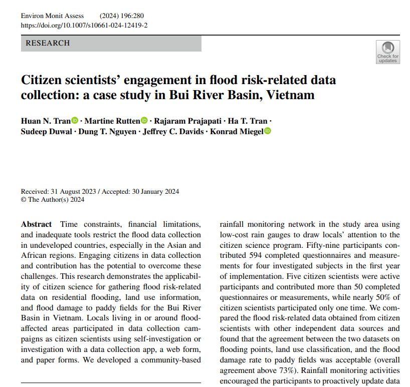 🌊 Delving into the power of citizen science in flood risk data collection! 🇻🇳 Our latest study focuses on the Bui River Basin, Vietnam. Exploring the vital role of community in building resilience. Read more: link.springer.com/article/10.100… #CitizenScience #FloodRisk #Vietnam 🌱🌍