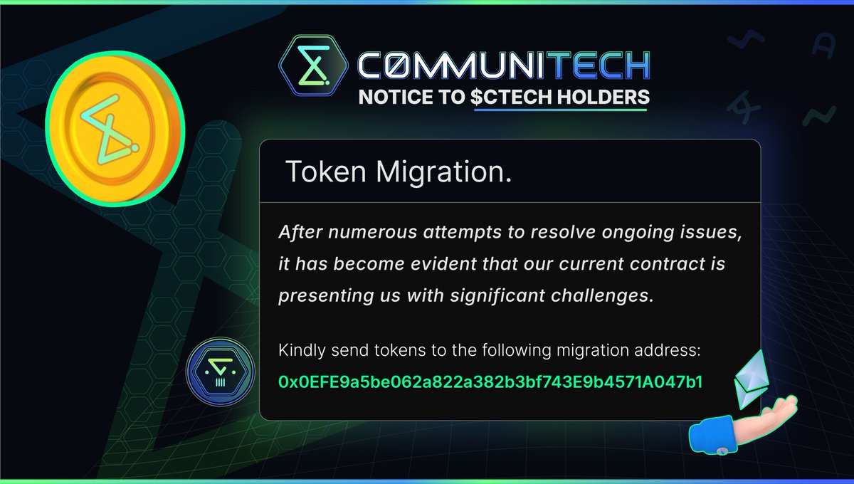 ctech_eth's tweet photo. Token Migration Notice🔊
Please send your $CTECH tokens to the following address before Tuesday, 20th February, midnight UTC.
👇
0x0EFE9a5be062a822a382b3bf743E9b4571A047b1

We will not DM you, please be careful of scams.♥️ https://t.co/3XmaRXrJqa