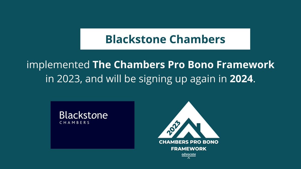 We are so pleased that @BlackstoneChbrs implemented The Chambers Pro Bono Framework in 2023 and will be doing so again in 2024! Thank you for establishing your commitment to #AccessToJustice in Chambers.🙌 Read more about the #TheFramework ⬇️ bit.ly/CPBF2023