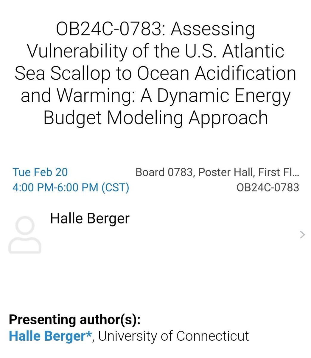 Interested in learning about how we're using coupled oceanographic and bioenergetic models to predict the fate of Atlantic sea scallops under warming &amp; #oceanacidification? Come check out my poster at #OSM24 tomorrow 🌊 #BeMoreScallop