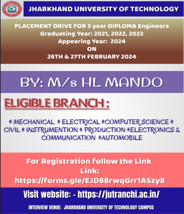 PLACEMENT DRIVE BY HL MANDO for APPRENTICE/ ADVANDE APPRENTICE/ DIPLOMA ON 26TH AND 27TH FEB 2024 
Click on Link for Registration: forms.gle/EJD88rwqGrr1AS…