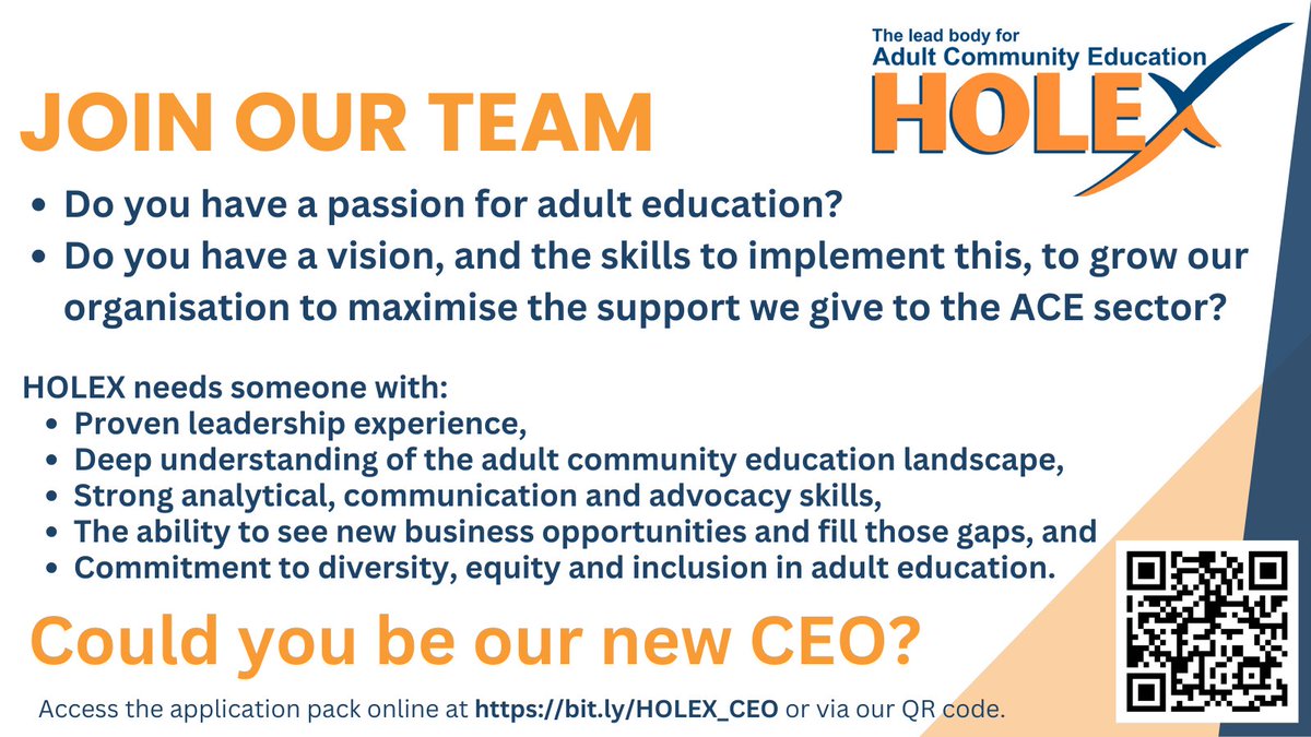 Do you have a passion of Adult Education? Do you have a vision for growth and the skills to implement this? Could you be our new CEO?  Apply now! bit.ly/HOLEXJob #HOLEX #EducationInnovation #JobOpportunity #SpeakUp4AdultEd