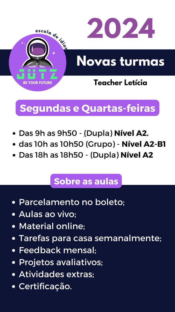 Jutzidiomas's tweet photo. Em Março, estamos abrindo as portas para as nossas novas turmas do curso de Inglês. Se você está pronto para embarcar nessa jornada não perca tempo! Agende uma reunião conosco através do link https://t.co/bD6NilkOcA e descubra como podemos ajudar você a alcançar seus objetivos 🚀 https://t.co/Zd1SZToOpA