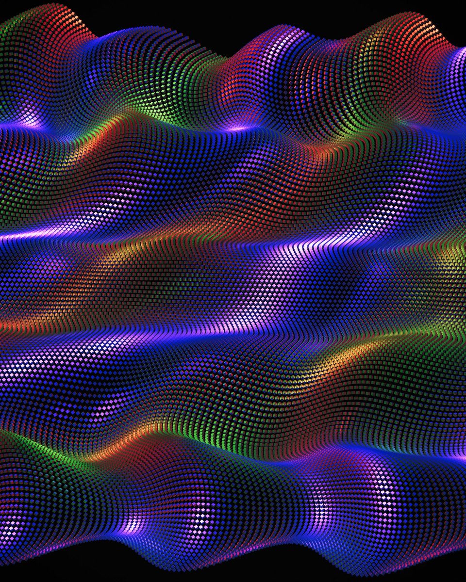Gm :) Waves on waves on waves... This time 35k tri-coloured cubes become like RGB pixels, except the colour you see depends on the orientation of the cube and the position of the observer. Have a great day :)
#digitalart #waveforms #algorithmicart #nftart