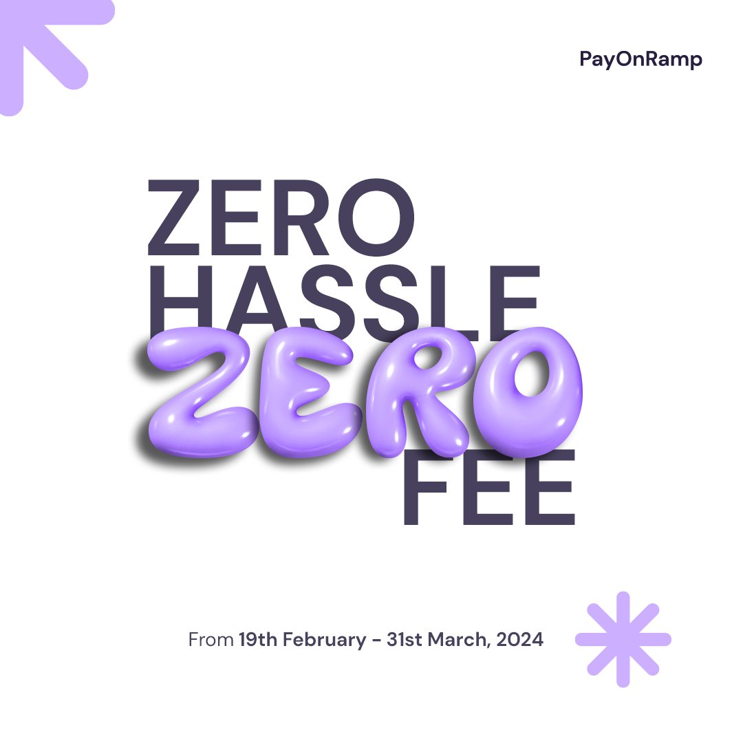 Wave goodbye to fees and hello to freedom! 🚀

From Feb 19 to Mar 31, 2024, enjoy #ZeroFee transactions on Payonramp.

Dive into the world of limitless possibilities without the extra cost.

Don't miss this chance to make the most out of your transactions.

#PayOnRamp #buycrypto