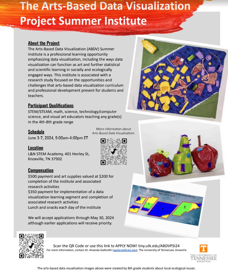 Attention 4th-8th grade teachers! Check out this professional development opportunity.  

Learn about arts based data visualization receive $500 upon completion of all activities! 

 Held at L &amp; N STEM Academy from June 3-7th, 9am-4pm.   

Register using the QR code below!