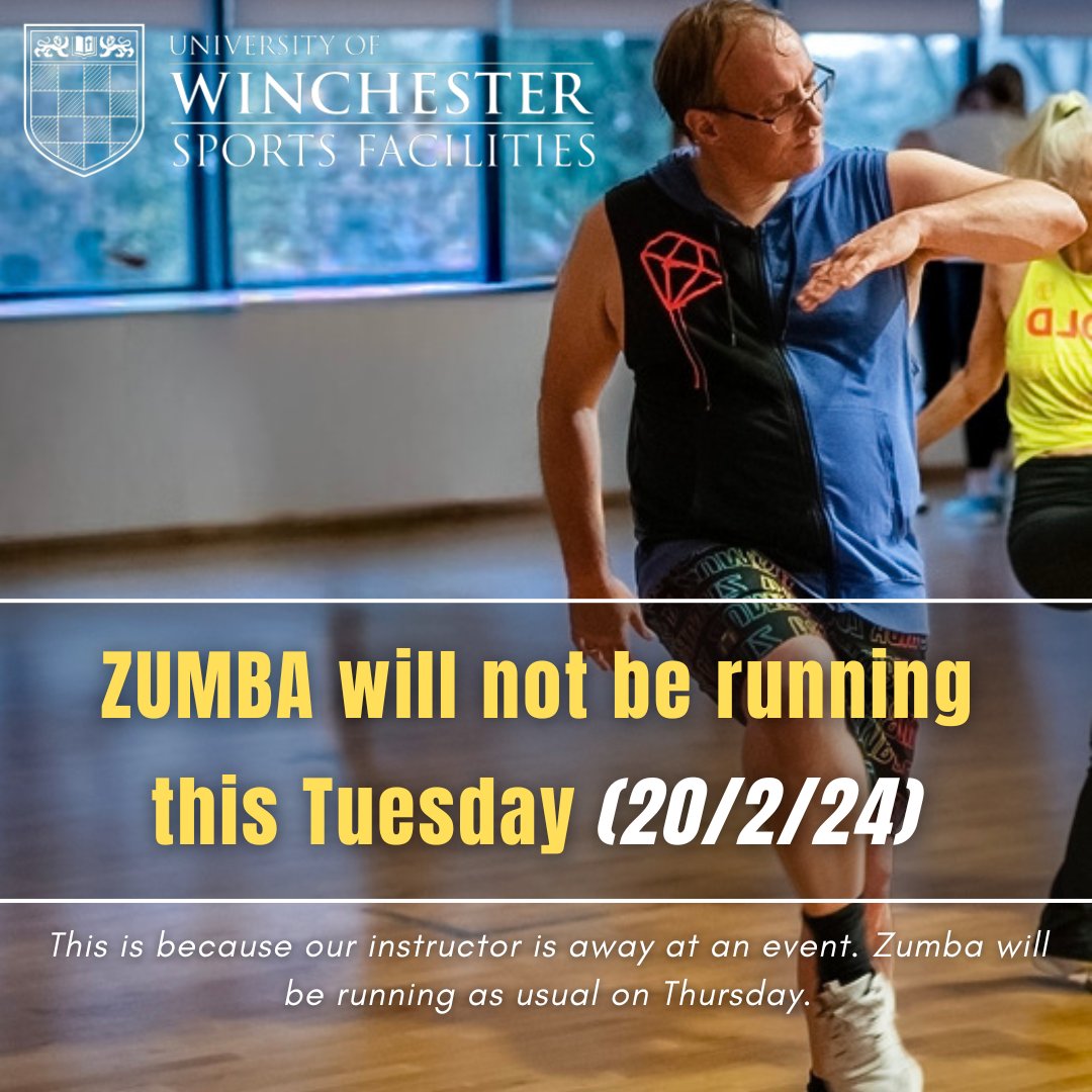 Please note, Zumba will not be running this Tuesday as our instructor is away.

Zumba will be running as usual on Thursday.

*For more information please speak to a member of staff. Alternatively, call us on 01962 827650 (option 1) or email us at Sportsenquiries@Winchester.ac.uk*