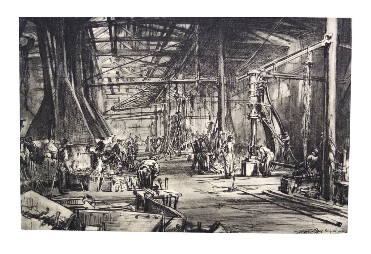 Today's 'Muirhead Monday' finds us amongst the heat, noise, smoke, and hammering of the Smiths' Shop at the old Fairfield Shipyard.

Today, the Govan yard still builds ships as BAE Systems.

Pic: 'Glasgow - Fifty Drawings' by Muirhead Bone (1911)