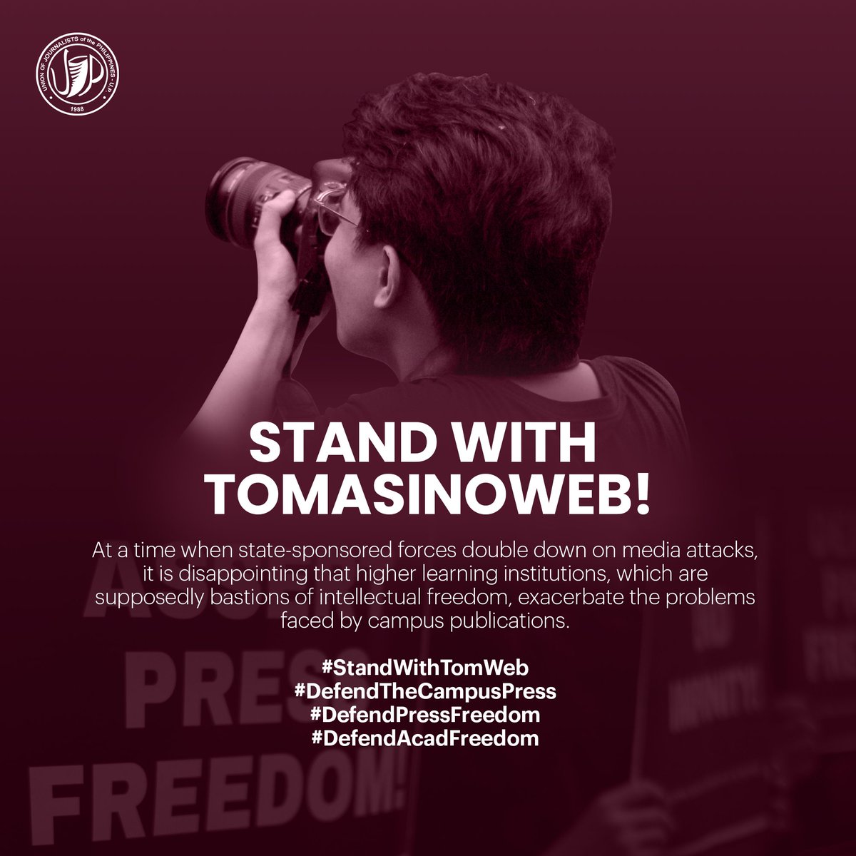 UJP-UP condemns the University of Sto. Tomas’ censorship of TomasinoWeb, a blatant attack on the free press that has brought the student-led publication’s operations to a halt and led to the resignation of its adviser.

READ: facebook.com/photo/?fbid=77…

#StandWithTomWeb