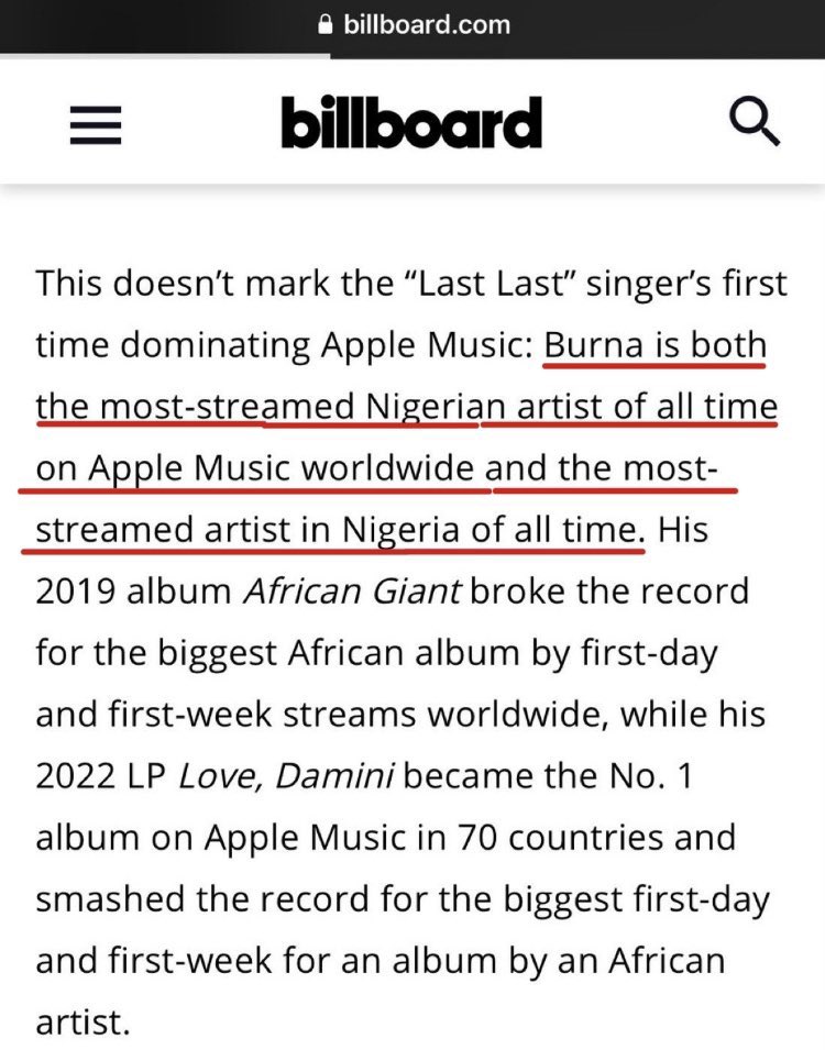 According to Billboard the world’s best music website that belongs to the USA music market published Burnaboy as the most streamed African artist. Same as Turntable official 

Who publish ur own stat? 😂😂😂