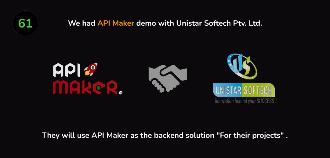 We really enjoyed demo with Unistar Softech Private Ltd.

will use API Maker 🚀 in their next projects as backend technology.
🎇 Thank you.😊

Interested in Demo?   
Comment 'Yes', will contact you.  
#backend #javascript #apimaker #apidevelopment