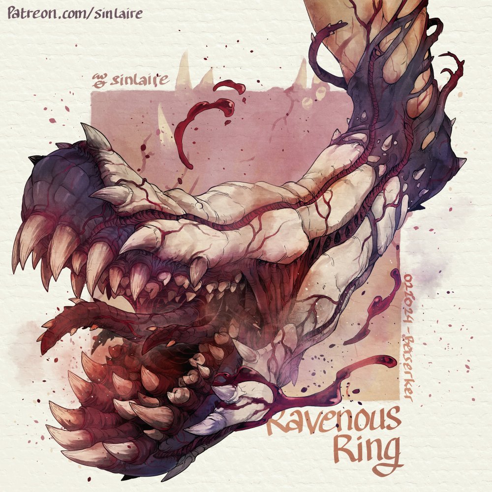 Ravenous Ring Prompt - Berserker Grown from one of the missing fangs of Frahagil, The Immortal Juggernaut. It contains a living fragment of the creature that is still growing. Hi-res images, stats, and cards available on Patreon #dndart #dnd #patreoncreator