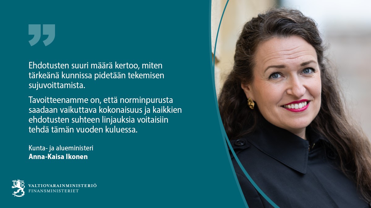 Saimme yli 600 ehdotusta norminpurusta. Kiitämme lämpimästi kuntia ja kuntalaisia aktiivisuudesta. Seuraavaksi ehdotukset lähetetään ministeriöihin vaikutusarviointeja varten. 

🔗Tiedote: vm.fi/-/yli-600-ehdo…

#Kunnat | #Norminpurku | #Kuntakokeilut | <a href="/IkonenAK/">Anna-Kaisa Ikonen</a>  | <a href="/sxsavola/">Suvi Savolainen</a>