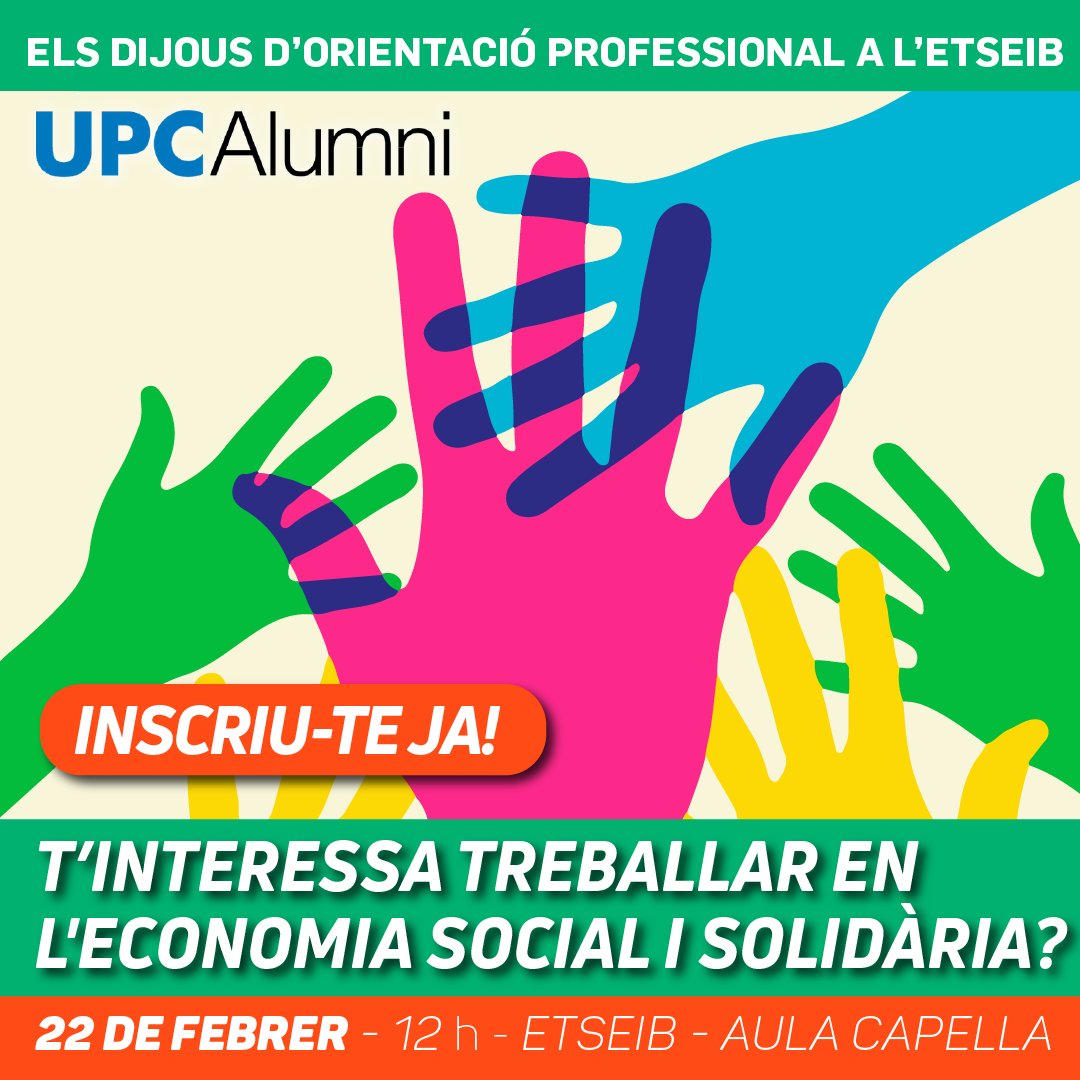 ETSEIB (@etseib_upc) on Twitter photo ➡️ El 22 de febrer a les 12 h, a l'Aula Capella es farà un nou Dijous d'Orientació Professional a l'#ETSEIB. En aquesta ocasió <a href="/UPCAlumni/">UPC Alumni</a> organitzarà una Taula rodona sobre Economia social i solidària.
📝 Activitat oberta a tot l'estudiantat de <a href="/la_UPC/">Universitat Politècnica de Catalunya (UPC)</a>.
etseib.upc.edu/ca/esdevenimen… ➡️ El 22 de febrer a les 12 h, a l'Aula Capella es farà un nou Dijous d'Orientació Professional a l'#ETSEIB. En aquesta ocasió <a href="/UPCAlumni/">UPC Alumni</a> organitzarà una Taula rodona sobre Economia social i solidària.
📝 Activitat oberta a tot l'estudiantat de <a href="/la_UPC/">Universitat Politècnica de Catalunya (UPC)</a>.
etseib.upc.edu/ca/esdevenimen…