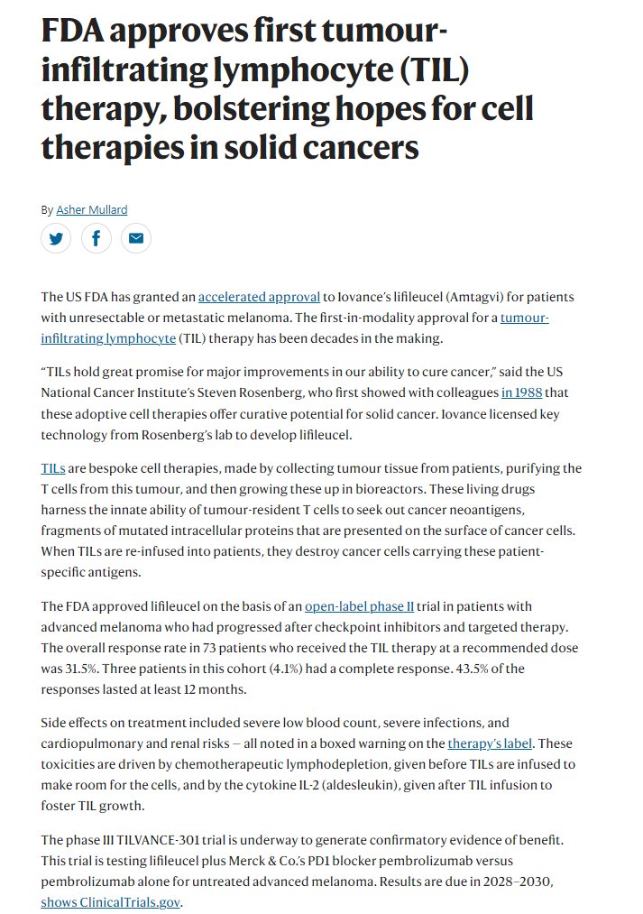 FDA approves first tumour-infiltrating lymphocyte therapy, bolstering hopes for cell therapies in solid cancers bit.ly/49b0Q4p Iovance’s lifileucel for patients with melanoma is the result of >30 years of research on this cell therapy modality bit.ly/3NldJQE