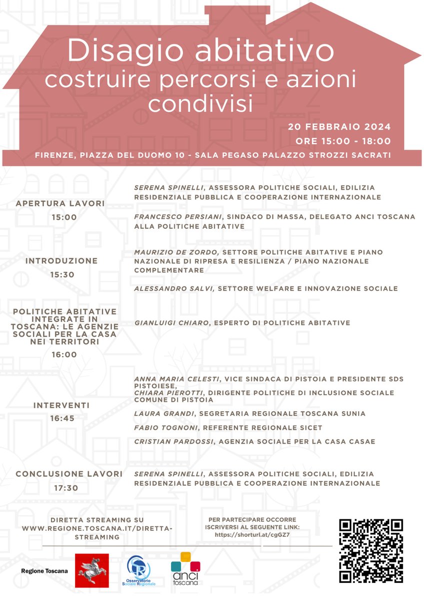 Disagio abitativo. Costruire percorsi e azioni condivisi

Domani 20 febbraio dalle 15.00 l’incontro a Firenze, a Palazzo Strozzi Sacrati

➡ Per iscriversi in presenza eventbrite.it/e/biglietti-di…

🎥 Diretta streaming su regione.toscana.it/diretta-stream…