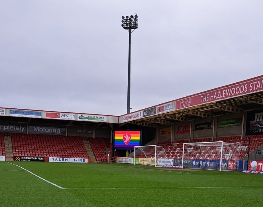 As part of LGBTQ history month, on Saturday, our friends at Cheltenham Town FC had this Proud Robin on the scoreboard, as well as a pitch walk by the Proud Robins. 

#Inclusion #Sports #InclusiveFootball #InclusiveSports