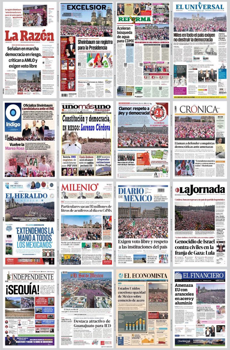 La #MarchaPorLaDemocracia en todas las portadas de los principales diarios del país. 

Los bots pasaron a ocupar las primeras planas para desgracia de <a href="/sabinaberman/">Sabina Berman</a>.
