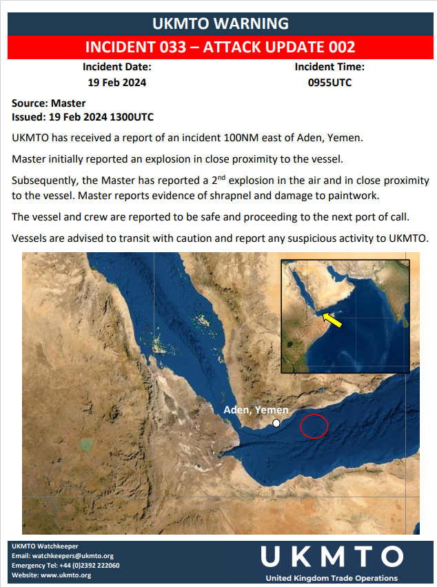 UKMTO WARNING INCIDENT 033 19 FEB 24 UPDATE 002