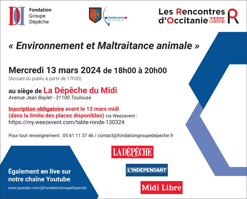 [ Rencontres d'Occitanie ]

Prochaine table ronde sur le thème « Environnement et Maltraitance animale », en partenariat avec la #GendarmerieOccitanie :

🗓 13 mars, de 18h à 20h
📍 La Dépêche du Midi, Toulouse (+ Live YouTube)

Inscription : my.weezevent.com/table-ronde-13…

<a href="/mfmbaylet/">M-F Marchand-Baylet</a>