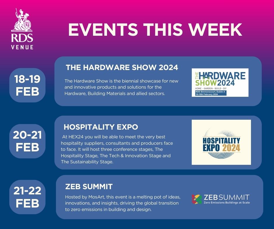 RDS Venue (@rds_events) on Twitter photo Another busy week at the RDS, with <a href="/Hardwareassoc/">Hardware Association</a> continuing in Simmonscourt, <a href="/HospExpo2024/">Hospitality Expo</a> coming to Hall 1 and <a href="/zebsummit/">ZEBSummit</a> taking place in the Concert Hall.
#RDSVenue #RDSEvents #exhibitions #zebsummit #HAIShow #HEX24 Another busy week at the RDS, with <a href="/Hardwareassoc/">Hardware Association</a> continuing in Simmonscourt, <a href="/HospExpo2024/">Hospitality Expo</a> coming to Hall 1 and <a href="/zebsummit/">ZEBSummit</a> taking place in the Concert Hall.
#RDSVenue #RDSEvents #exhibitions #zebsummit #HAIShow #HEX24