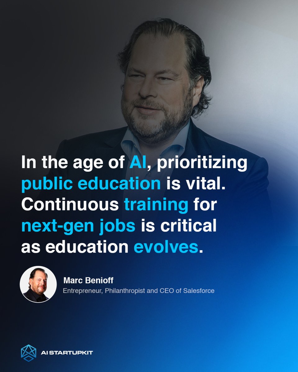 startupkitAI's tweet photo. Marc Benioff of Salesforce champions public education &amp; continuous learning in AI's age to excel in tomorrow's job market.  Adapt and thrive as we navigate the educational transformation! 🚀📘 

#EducationInAI #LifelongLearning #FutureReady #artificialintelligence #AI https://t.co/6F16wvtS5z