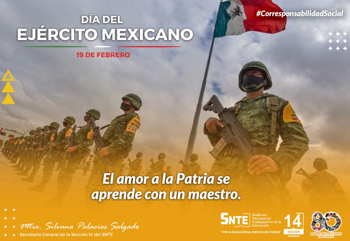 #UnoSomosTodos 🧑‍🏫👩🏻‍🏫
#80AniversarioSNTE 

🟠 #19DeFebrero || Día del Ejército Mexicano 🪖🇲🇽

El amor a la Patria se aprende con un Maestro 🧑‍🏫👩🏻‍🏫.