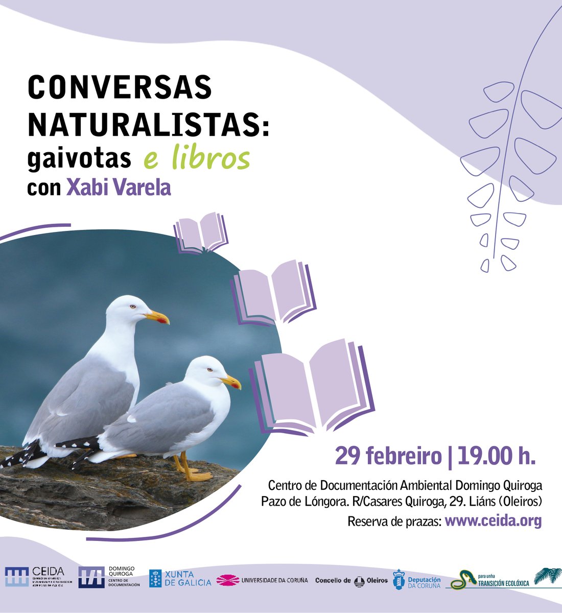 A nosa #bibliotecaverde continúa co ciclo de #ConversasNaturalistas, este mes de febreiro adicadas ás #gaivotas e #libros, co experto #XabiVarela! 
Co apoio de @Depucoruna
As prazas voan! 🪶 
Inscríbete en 👇
ceida.org/gl/novidades/c…
#transicionecoloxica #aves #greenlibraries