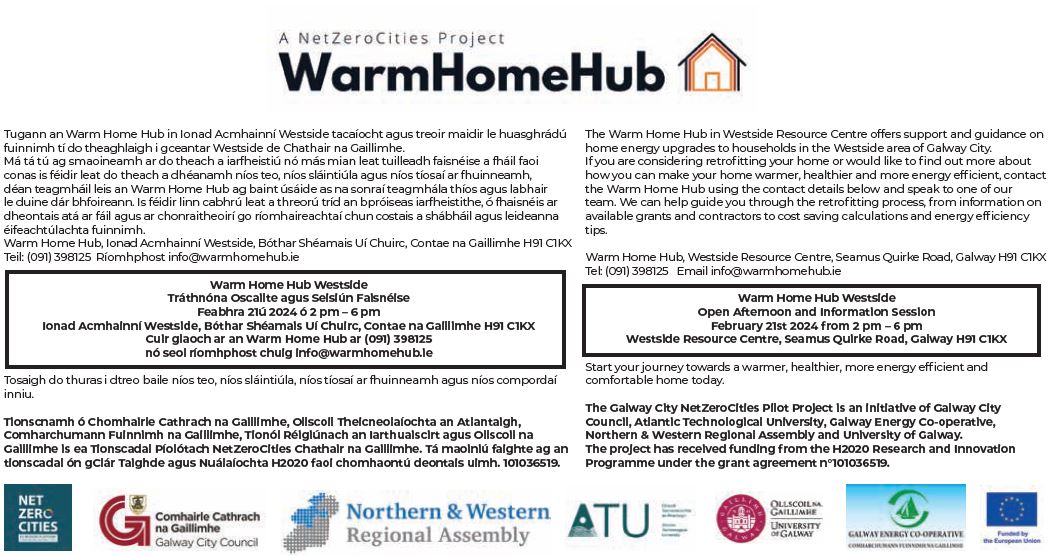 Interested in retrofitting your home? 🏘 The Westside Warm Home Hub is having an open day between 2-6pm on the 21st of February at the Westside Resource Centre, Galway, H91 C1KX

The hub will provide advice on retrofitting to households in the Westside. Contact details are below
