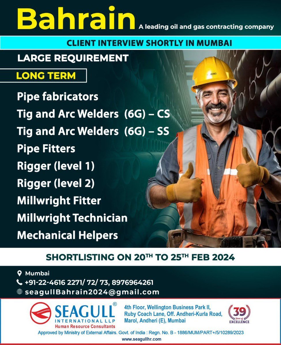 hrd1_seagull's tweet photo. 🇧🇭Bahrain Jobs
!! Large Requirement -Long Term Project
💻 Client Interview Shortly In Mumbai
📝 Shortlisting on 20th To 25th Feb 2024
📍Location - Mumbai
.
.
.
#bahrainjobs #seagull #riggers #millwrightfitter #millwrighttechnician #pipefabricators #pipefitter https://t.co/NYORvf9jTB