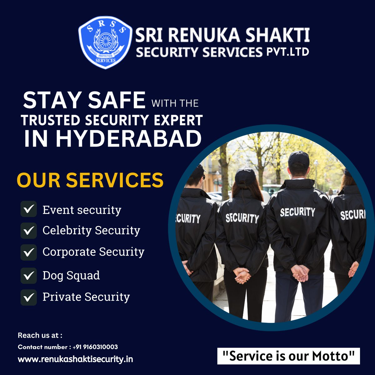 Sri Renuka Shakti Security Services provides comprehensive security solutions tailored to your needs. Your safety is our priority.     
#SriRenukaShaktiSecurity #SecurityServices #ExpertiseInSafety #DedicationToProtection #YourSafetyMatters