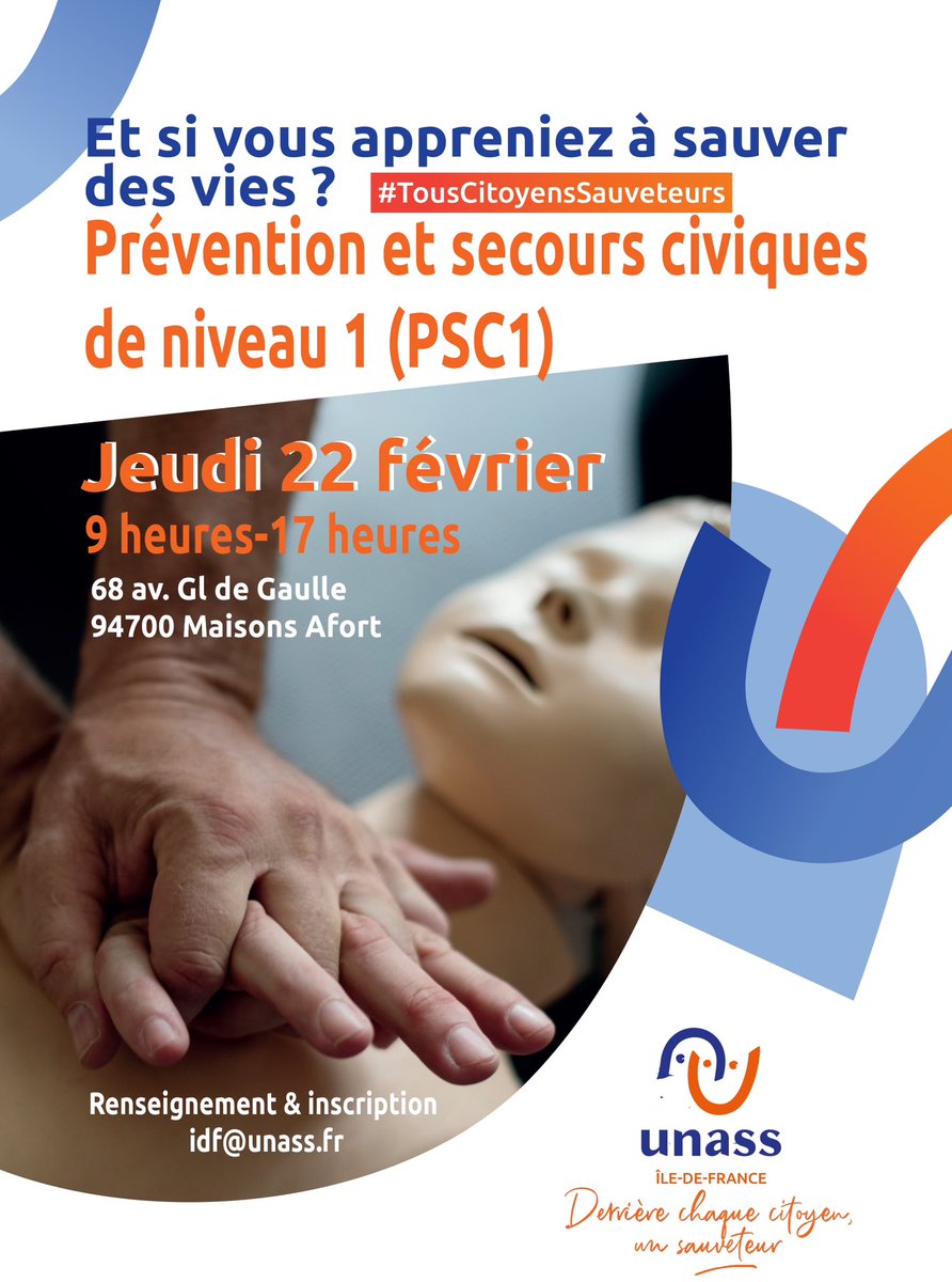 Se former au #PSC1 ? C’est possible le jeudi 22 février à Maisons Alfort (94) de 9h à 17h. 
Encore 3 places de disponible ! 
Inscription idf@unass.fr