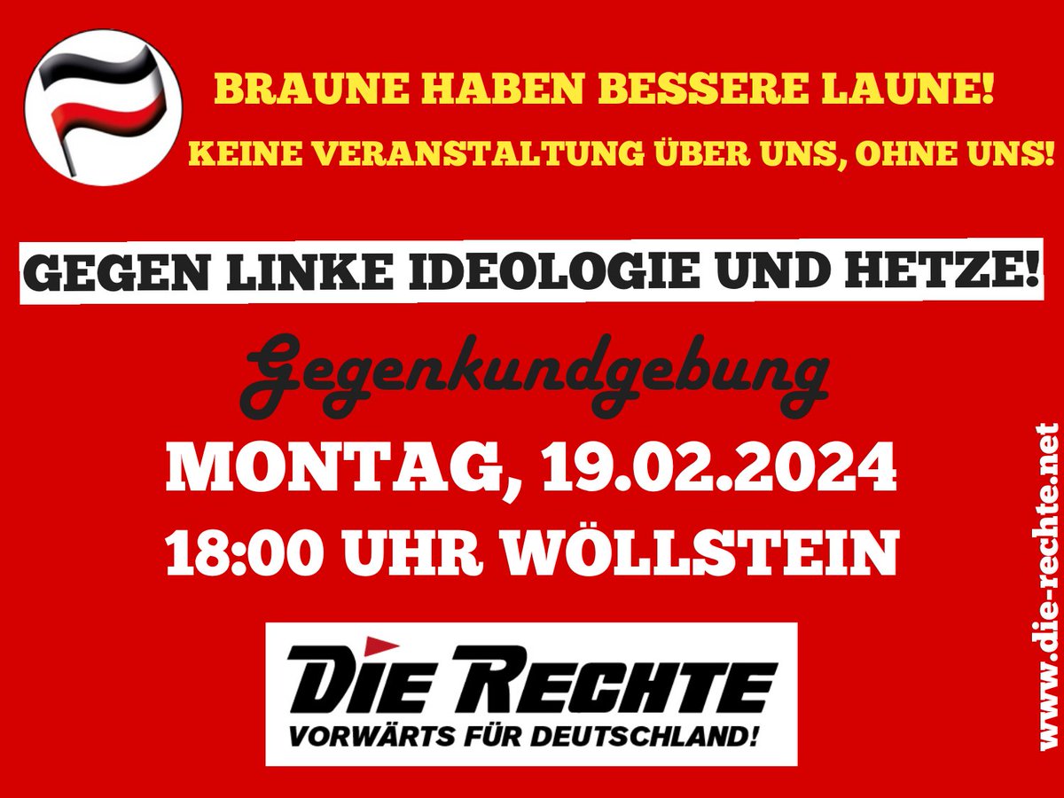GEGENPROTEST!

Dem Gutmenschentum nicht kommentarlos unsere deutschen Straßen überlassen! 

KEINE VERANSTALTUNG ÜBER UNS, OHNE UNS! 🖤🤍❤️😎👍

Montag,19.02.2024
18:00 Uhr Wöllstein

#Wöllstein #Rheinhessen