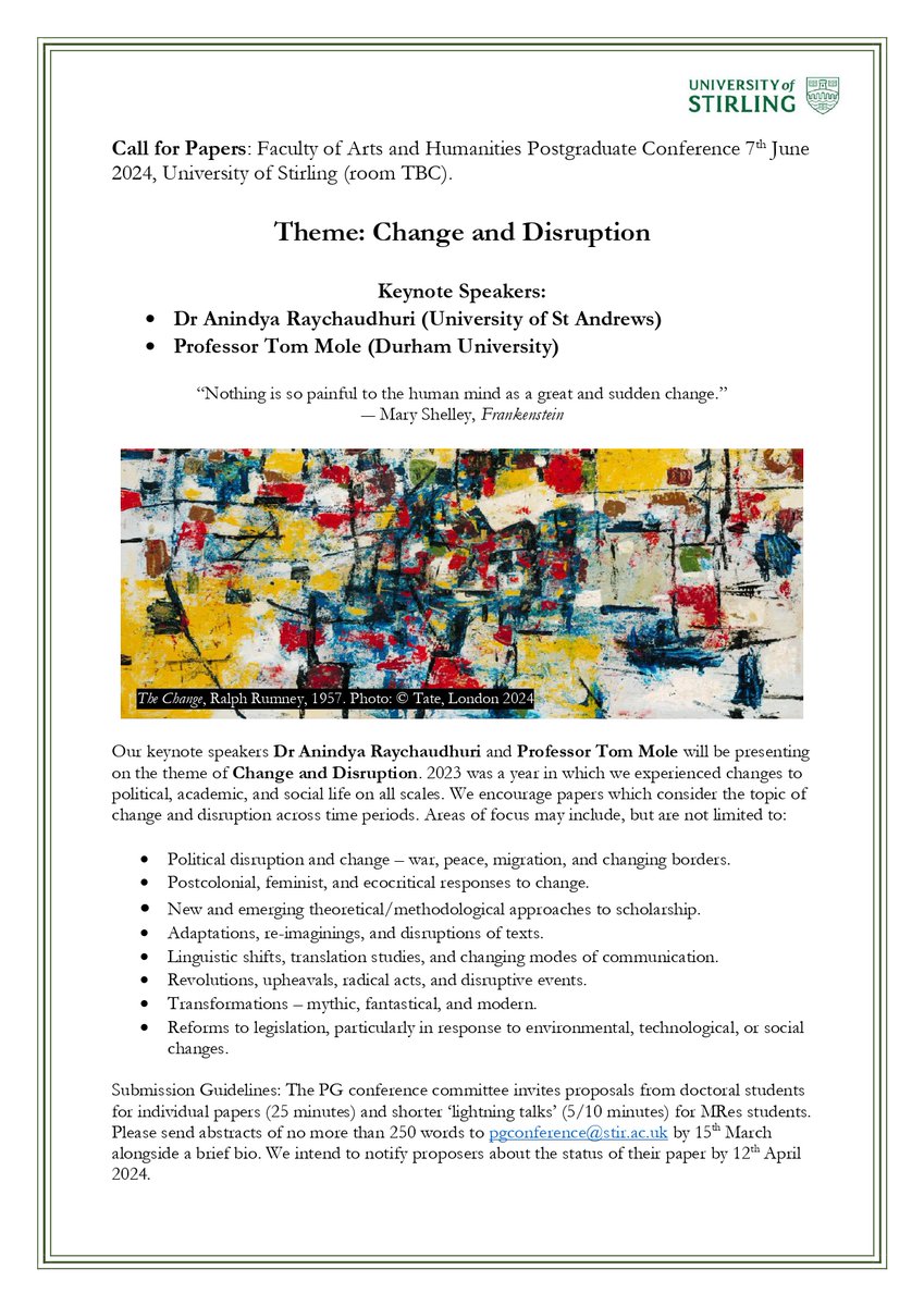 We are very excited to announce that the 2024 FAH PG conference will be held on the 7thJune! This year’s topic is ``Change and Disruption. ´´ The deadline for submitting a paper abstract is open until the 15th March. We are looking forward to reading yours! - Please share widely!
