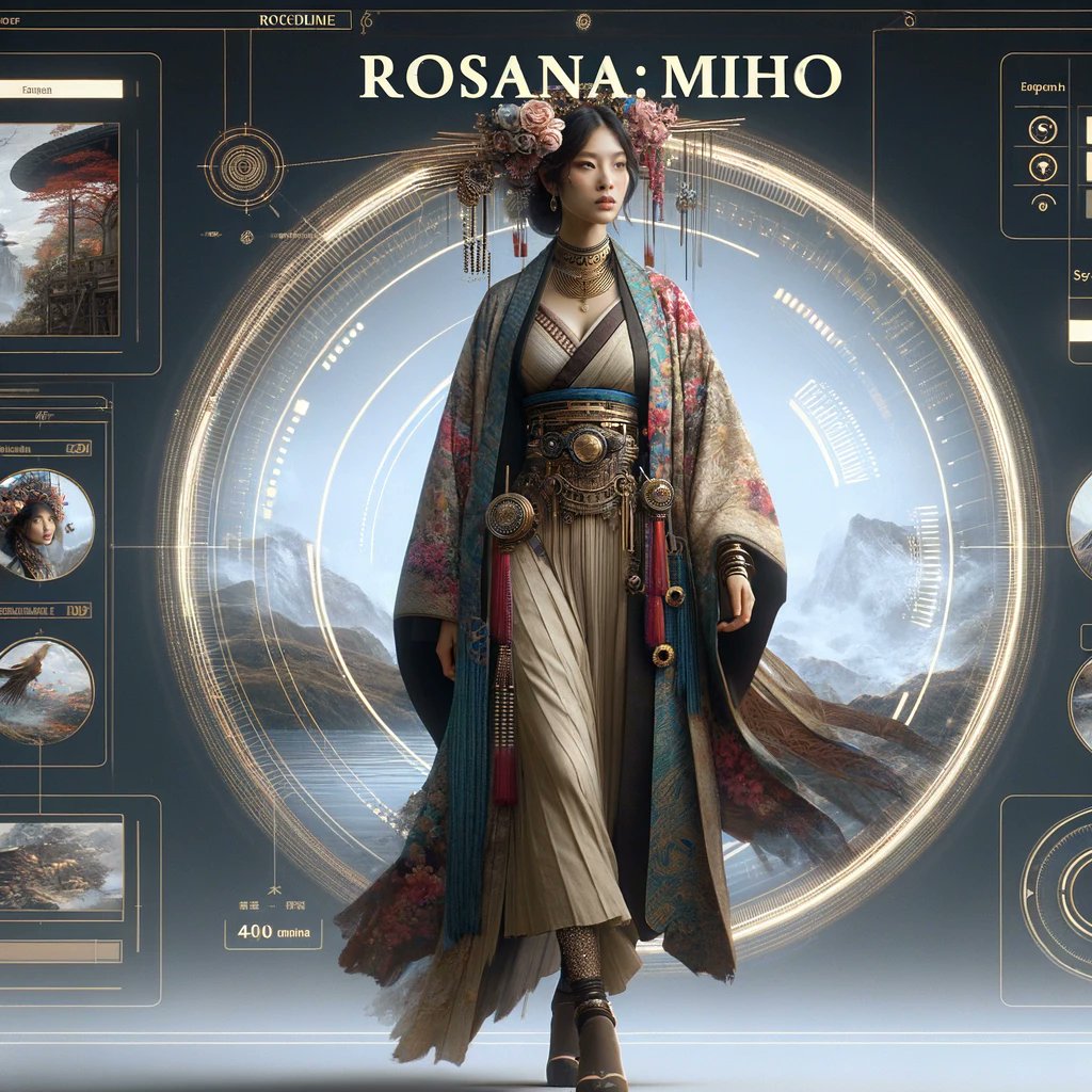 Chat GPTにRosana:mihoのイメージを描いてもらいました。
Rosana:mihoという名前の女性のイメージを描きました。伝統的要素と未来的要素が融合したユニークなスタイルで、自然と技術の調和を背景に持つ強く、自信に満ちたポーズを取っています。