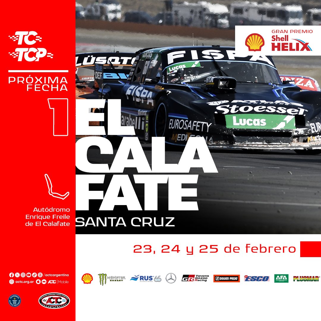 actcargentina's tweet photo. Turismo Carretera - TC Pista 🏁
🏆 #GPShellHelix
1️⃣º Fecha
🗓️ 23, 24 y 25 de febrero.
📍 El Calafate, Santa Cruz. https://t.co/MMTsDD8yHq