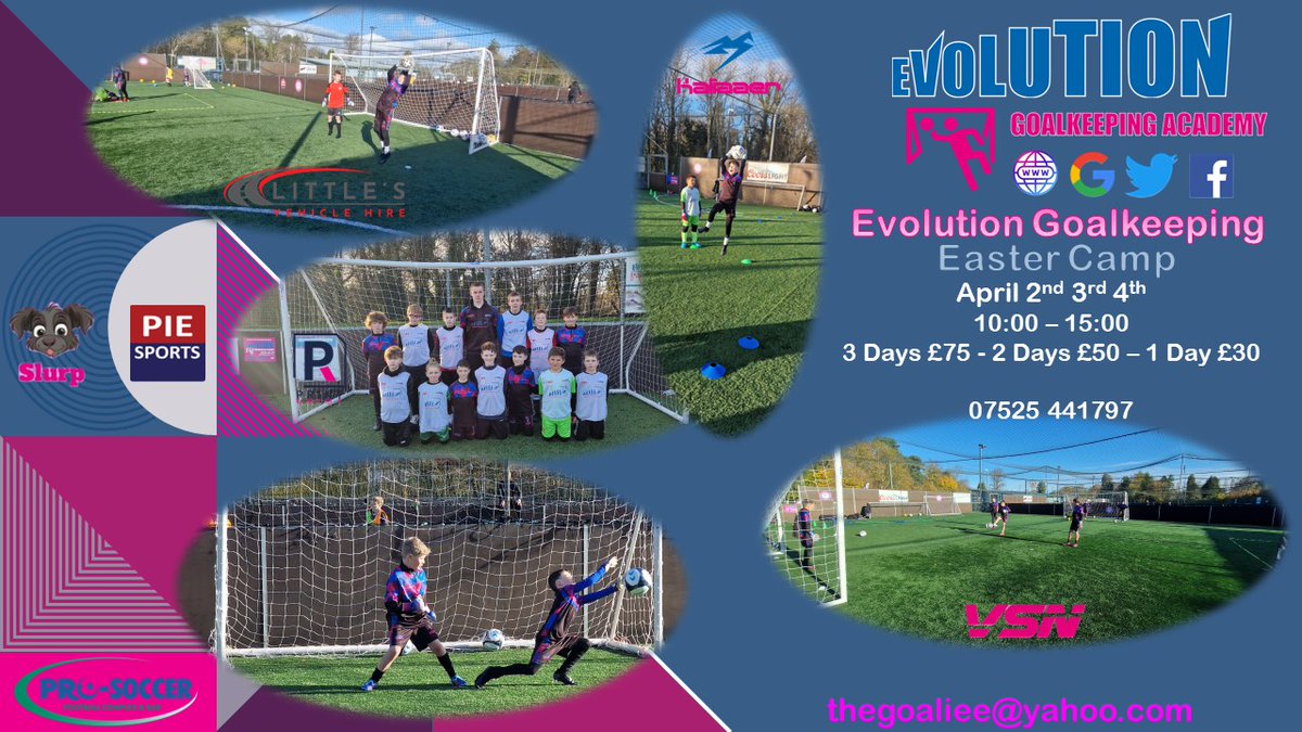 Evolution Goalkeeping Specific 
Easter Camp
2nd, 3rd, 4th April
Pro Soccer Rouken Glen 
1000-1500 
3 Days ● £75
2 Days ● £50
1 Day ● £30

Get in touch if interested. ☎️ 📧