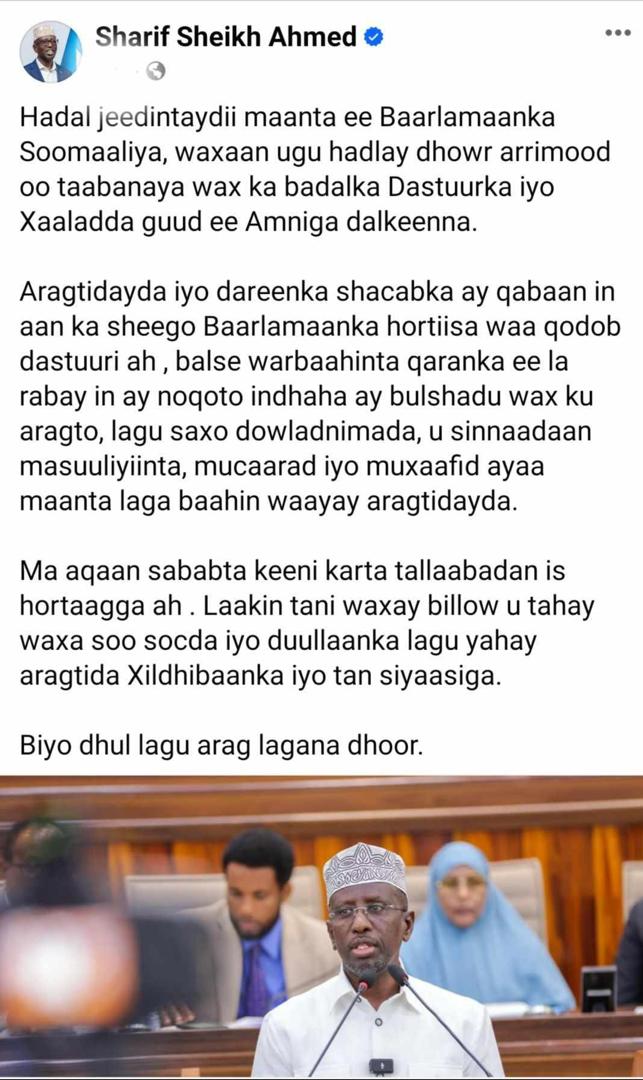Waa xadgudub iyo ku tagri-fal awoodeed in madaxweyne Shariif Shariif Ahmed, ahna xildhibaan ka mida  ah  gollaha shacabka la hor-istaago khudbadiisa in laga baahiyo warbaahinta qaranka. 
Marna ma rumoobi doonto in dastuur shaqsi sameystay dalkaan ka hirgalo.