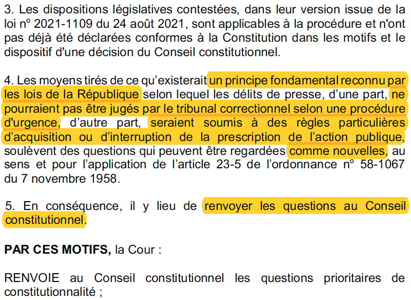 N_Hervieu's tweet photo. Délits de presse : La @Courdecassation renvoie au @Conseil_constit une très intéressante QPC.

Avec une question "nouvelle" sur un éventuel principe (PFRLR) qui :
- interdit les comparutions immédiates
- impose des règles spéciales de prescription

[Crim. 13 fev. 2024, 23-90.018] https://t.co/snKuSpgItL