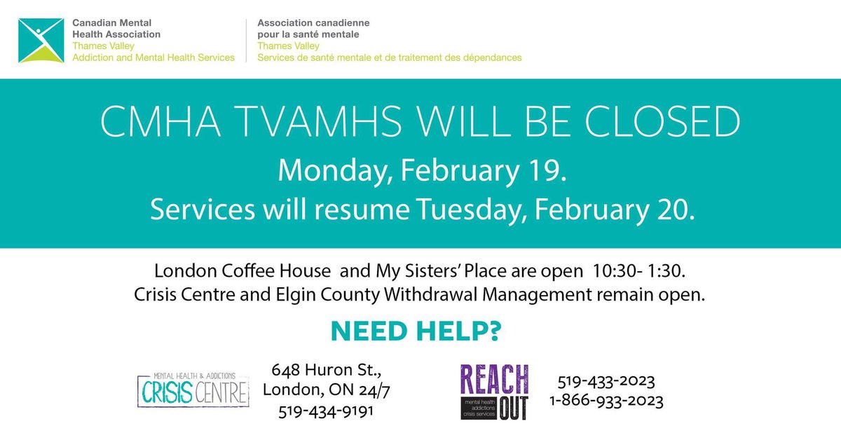 We’re operating on a holiday schedule today for Family Day. My Sisters’ Place 10:30-1:30 Coffee House 10:30-2:30 However you spend today—we wish you a great day. Thx for being part of our extended family. #ldnont @cmha_tv @LdnHomeless