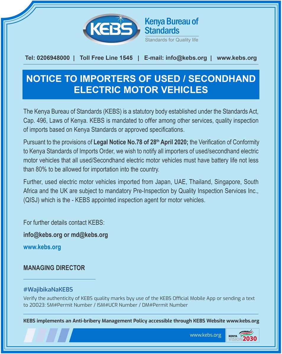 A Notice to Importers of Used/Second-Hand Electric Motor Vehicles!!!
#QualityImports #ElectricMobility #StandardsForQualityLife ^JKK