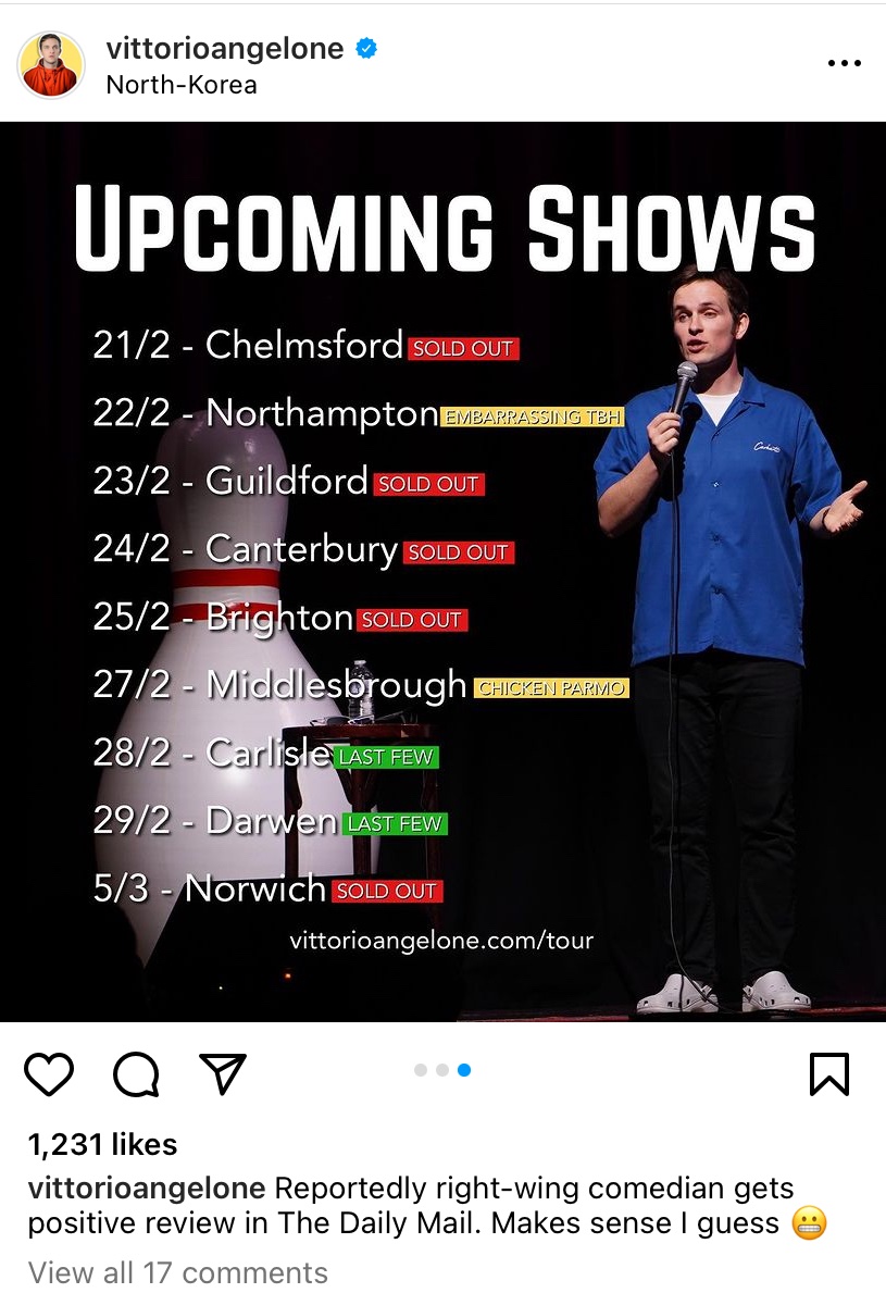 C’Mon Boro, let’s get tickets sold for <a href="/vittorioangelon/">Vittorio</a> tour at the Town Hall. Ticket sales are at “chicken parmo” levels. (I’d come but, alas, still in Canada)
