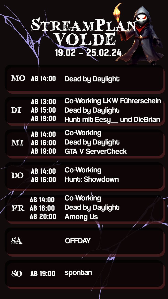 VoldeZockt's tweet photo. Der Streamplan für diese Woche es könnten ein paar änderungen möglich sein <3 hab euch lieb ihr seid die geilsten <3 https://t.co/JG7xvUTBX8