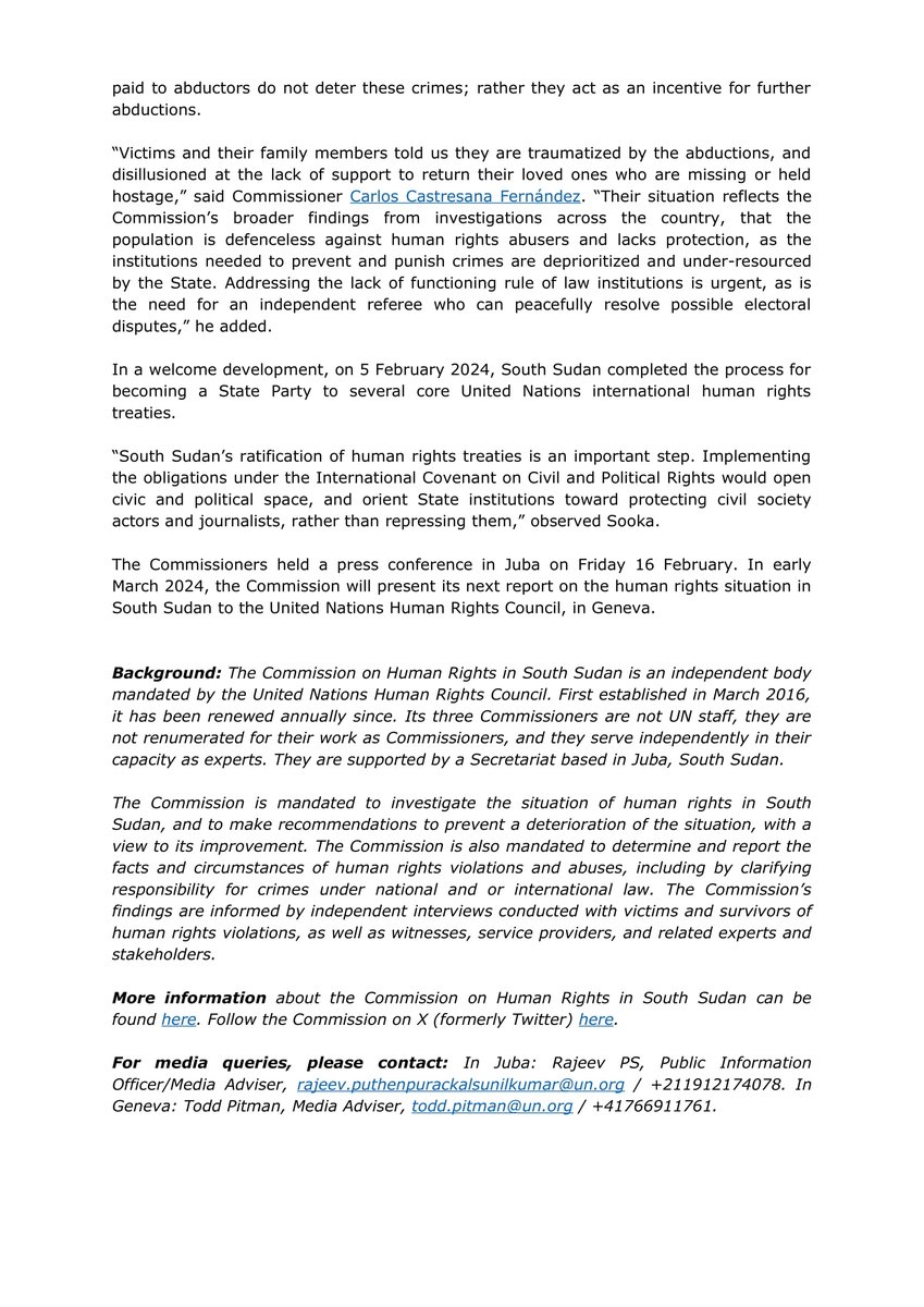 #NewsAlert #SouthSudan's leaders must carefully navigate the conclusion of the country’s political transition to achieve durable #Peace , & prevent violence and gross #HumanRights violations➖ Independent Members of @UNCHRSS Full Press Release➡️bit.ly/3T4ywKn #SSoT